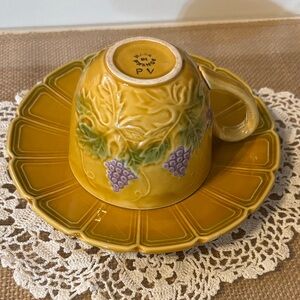 Antique Portieux Vallerysthal (PV) French majolica cup and saucer set.